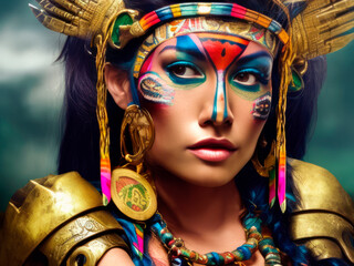 Beautiful aztec girl with colorful painted face - obrazy, fototapety, plakaty