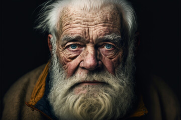 Old man with wrinkles and white beard looking into the camera, Generative AI