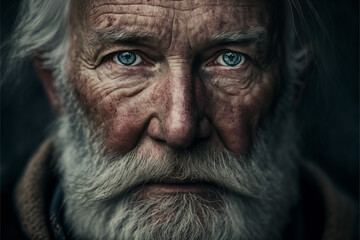 Old man with wrinkles and white beard looking into the camera, Generative AI