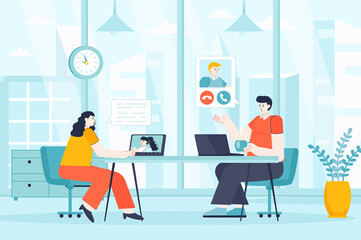 Video conference concept in flat design. Man and woman make video call scene. Couple communicating online. Colleagues videoconferencing. Illustration of people characters for landing page