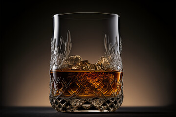 Glass of whisky on dark background, a glass of whiskey with ice, a refreshingly relaxing cool alcohol drink, generated ai