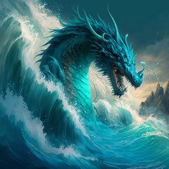 Aqua marine water dragon causing a tsunami fantasy art. Generative AI