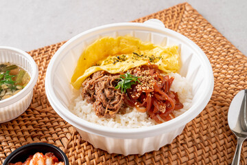 Korean food dishes 소고기 장조림 버터 비빔밥