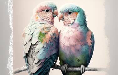 Naklejka premium Couple of cute lovebirds in pastel colors valentines day illustration generative ai