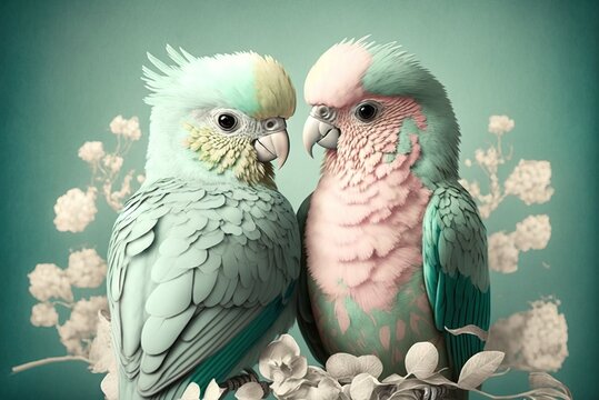 Couple of cute lovebirds in pastel colors valentines day illustration generative ai