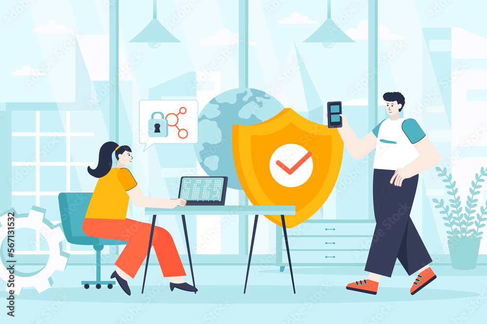 Poster network security concept in flat design. security service works in office scene. man and woman provi