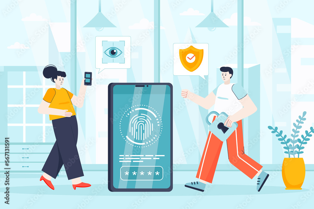 Poster Biometric access control concept in flat design. Security service working scene. Man and woman use fingerprint scanner, access to device. Illustration of people characters for landing page