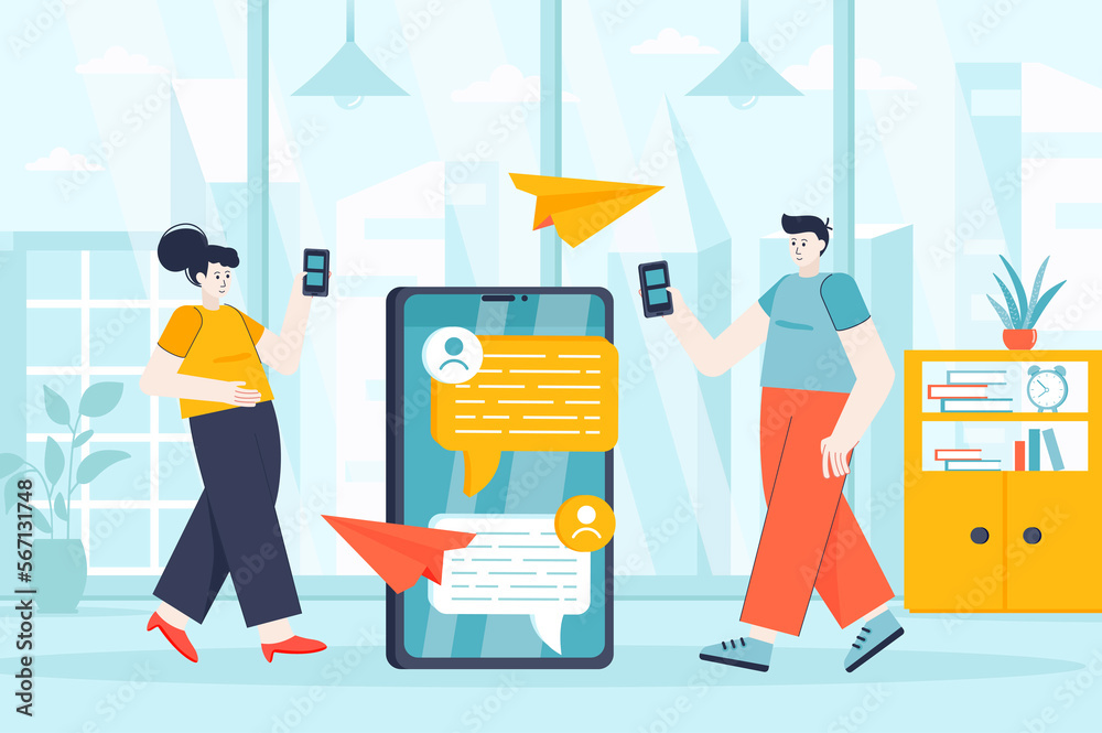 Poster messaging service concept in flat design. man and woman communicate in messenger scene. text message