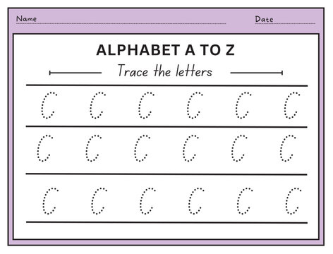 Trace The Letter C Uppercase. Alphabet Tracing Practice Preschool Worksheet For Kids Learning English. Activity Page For Pre-K, Kindergarten. Vector Illustration