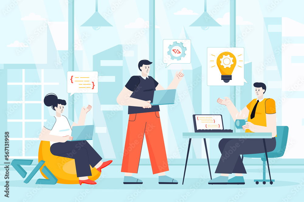 Poster Developers team concept in flat design. Teamwork at office scene. Man and woman coding, programming, brainstorming, working project together. Illustration of people characters for landing page