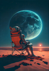 An astronaut relaxing on the beach and looking at the planets.