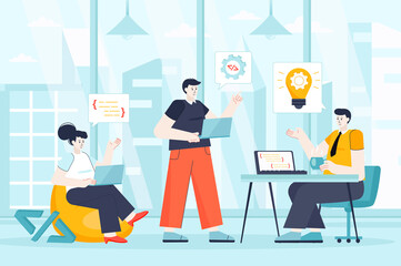 Developers team concept in flat design. Teamwork at office scene. Man and woman coding, programming, brainstorming, working project together. Illustration of people characters for landing page