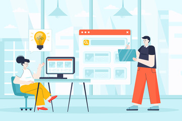 Designers concept in flat design. Employees working at office scene. Man and woman creating new product, development interface or program. Illustration of people characters for landing page