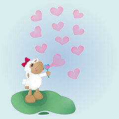 Sheep plays with soap bubbles in the form of a heart