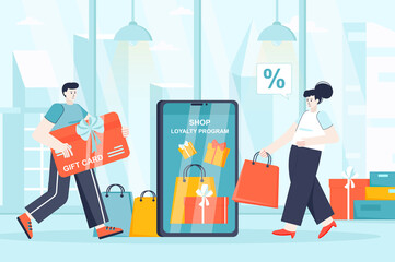 Shop loyalty program concept in flat design. Attraction of new clients scene. Man and woman shopping, receiving prizes from store, gift cards. Illustration of people characters for landing page