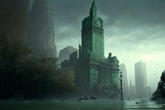city under water, concept, future due to climate change made with Generative AI