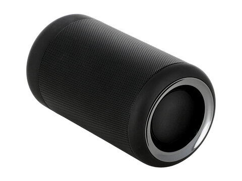 Black bluetooth speaker isolated on white background. Portable speaker, graphic design resources, sound