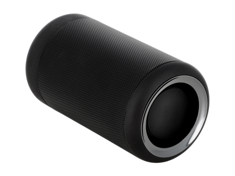 Black bluetooth speaker isolated on white background. Portable speaker, graphic design resources, sound