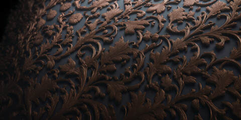 Dark grey wall background with vintage style gold bronze colored ornate floral ornaments. Generative AI illustration