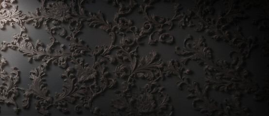 Black wall background with vintage style ornate floral ornaments. Generative AI illustration