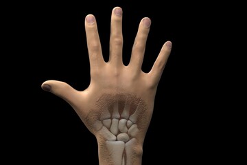 Dorsal view of a hand where its bones can be viewed. The anatomy of a hand, carpal, and metacarpal bones can be viewed. Right hand.