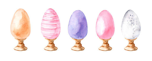 Easter egg on a wooden stand. Colorful egg hand drawn watercolor set. decorative elements