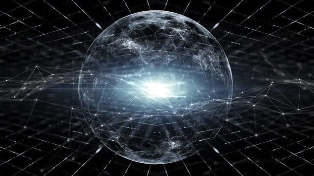 Looping digital cyberspace sphere network with motion lines animation. Concept artificial intelligence background.
