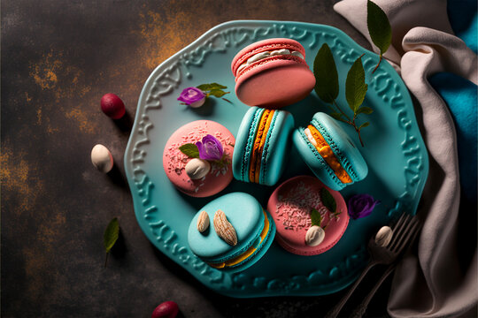 Macarons on a plate with tiny rosesbuds and chocoltes