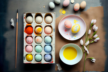 
Draufsicht von einem Tisch mit Farben, Pinsel und bemalten Ostereiern - Generative Ai 