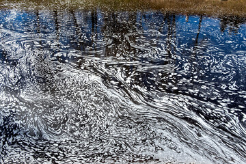Foam in polluted water, abstract texture, water abstraction. Concept of nature pollution and ecology problems of environment.