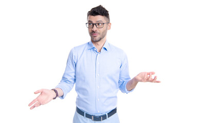 confused man manager isolated on white background. confused man manager in studio.