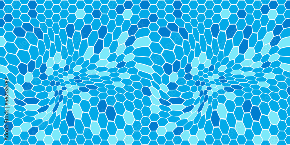 Aufkleber Underwater Waterpool Bottom with Hexagon Tile. Wavy Surface Seamless Pattern. Vector Sea Ripple. Abstract Blue Waves Background