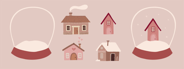 Christmas snow globes with houses. Flat boho pink modern vector illustration. 