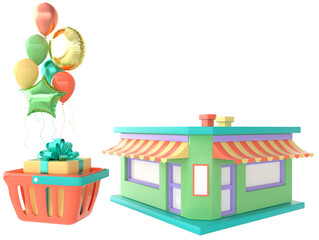 The shop building and shopping basket with present box and colorful balloons. 3d rendering png illustration isolated on transparent background