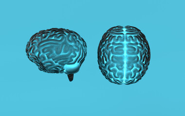 Human brain 3d rendering isolated on blue, concept of intelligence, technology, learning. Light of idea