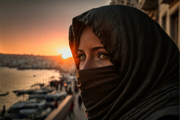 Fictional Person, Muslim woman, age 30, wearing a niqab in Tangier, looking at the sunset,  generated by IA
