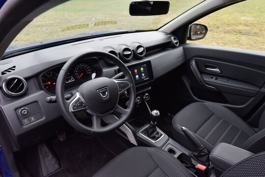 Dacia Duster. A car using LPG and gasoline for propulsion. Cabin interior - dashboard. 12-01-2021, Prague, Czech Republic.