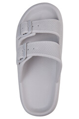 One light gray slipper for the beach or for the shower, on a white background, isolate, flat lay