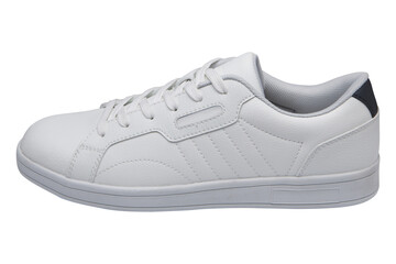 White leather casual sneakers, with a black insert on the heel, on a white background, isolate