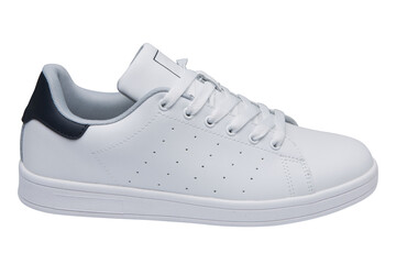 One white leather sneaker, with a blue insert on the heel, on a white background, isolate