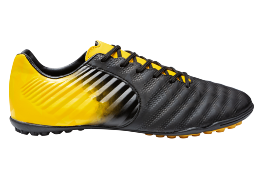 Sneakers for playing football, yellow with black, with soft spikes, on a white background, isolate