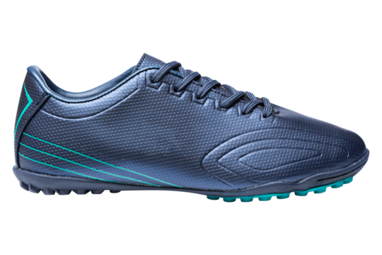 Blue football shoes with spikes, embossed leather, on a white background, isolate