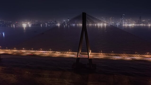 Mumbai Sea Link Bandra bridge aerial night hyper lapse time lapse 4k drone, India