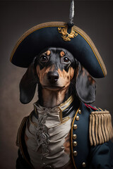 Portrait of Black and Brown Dachshund dressed as Napoleon Bonaparte. Generative AI, this image is not based on any original image, character or person.