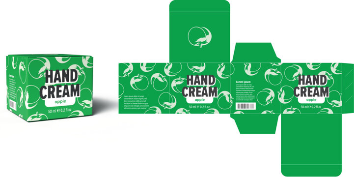 Design Of Hand Cream Package. Green Apple Flavor Small Card Box Die Line. Spa And Care Branding Template. Ready To Print