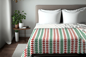  a bed with a green plant and a red and green blanket on top of it and a white rug on the side of the bed.  generative ai