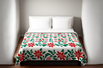  a bed with a red and green blanket on top of it next to a white headboard and a white wall with a window behind it.  generative ai