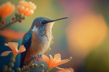 Naklejka premium Hummingbird Perched on Branch - Generative Ai