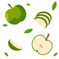 Green apple with leaves and apple slices, vector	