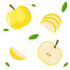 Yellow apple with leaves and apple slices, vector	